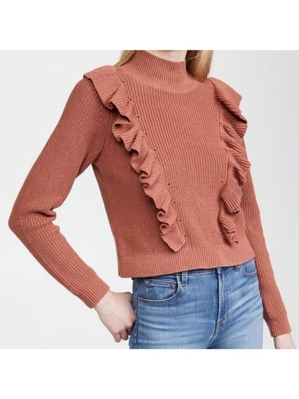 525 America Mock Neck Ruffle Pink Sand Cotton Sweater size Medium - Picture 11 of 11